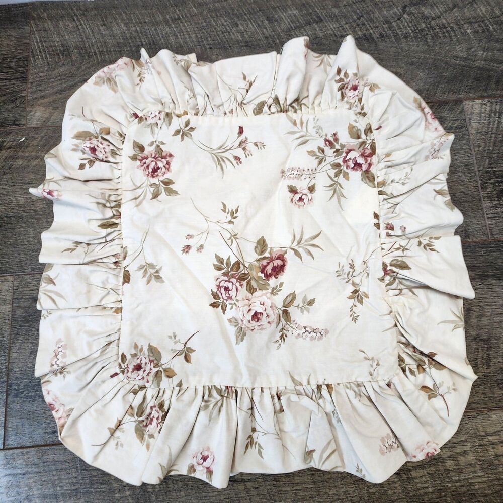 Vintage Cottagecore Square Floral Rose Pillow Sham Shabby Chic Ruffled Trim